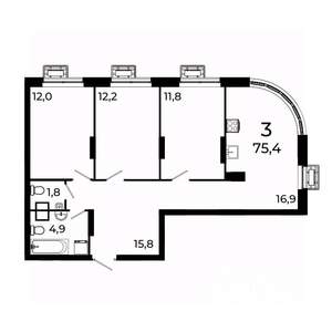 3-к квартира, вторичка, 75м2, 12/19 этаж