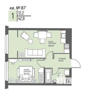 1-к квартира, вторичка, 43м2, 7/25 этаж