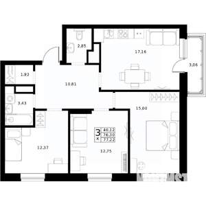 3-к квартира, строящийся дом, 77м2, 21/24 этаж
