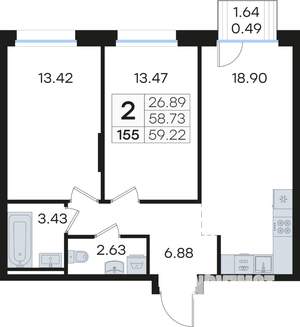 2-к квартира, вторичка, 59м2, 5/13 этаж