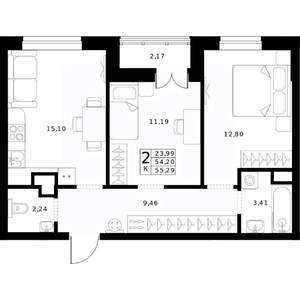 2-к квартира, строящийся дом, 55м2, 12/24 этаж