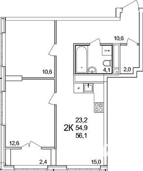 2-к квартира, вторичка, 56м2, 24/25 этаж