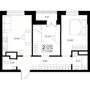 2-к квартира, строящийся дом, 55м2, 18/24 этаж