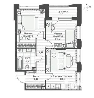 2-к квартира, вторичка, 62м2, 12/20 этаж