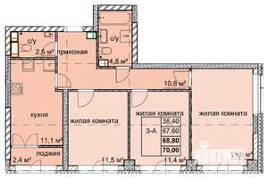 3-к квартира, вторичка, 69м2, 6/15 этаж