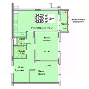 2-к квартира, вторичка, 63м2, 8/12 этаж