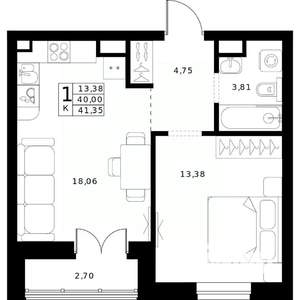 1-к квартира, вторичка, 41м2, 8/24 этаж