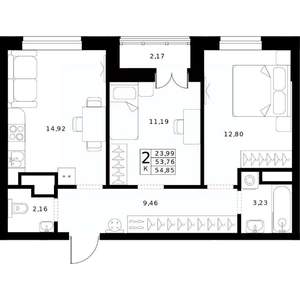 2-к квартира, строящийся дом, 55м2, 19/24 этаж