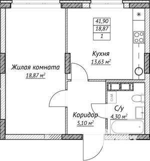 1-к квартира, строящийся дом, 42м2, 3/14 этаж