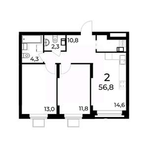 2-к квартира, вторичка, 57м2, 12/15 этаж