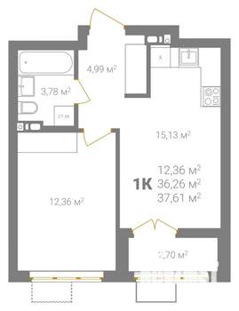 1-к квартира, вторичка, 38м2, 4/18 этаж