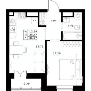 1-к квартира, строящийся дом, 37м2, 16/24 этаж