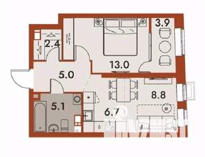 2-к квартира, строящийся дом, 45м2, 10/25 этаж