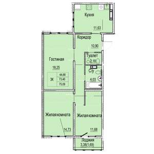 3-к квартира, вторичка, 75м2, 6/9 этаж