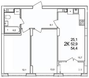 2-к квартира, вторичка, 54м2, 12/19 этаж