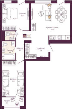2-к квартира, вторичка, 77м2, 3/19 этаж