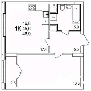 1-к квартира, строящийся дом, 47м2, 4/25 этаж