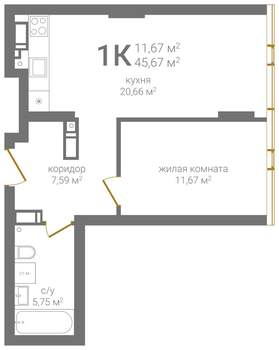 1-к квартира, строящийся дом, 46м2, 22/24 этаж