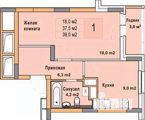 1-к квартира, вторичка, 39м2, 12/25 этаж