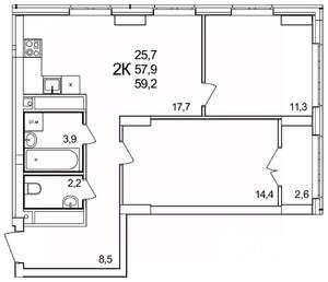 2-к квартира, строящийся дом, 59м2, 25/25 этаж