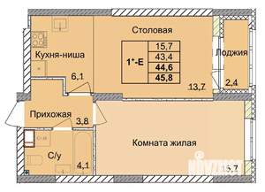 1-к квартира, строящийся дом, 45м2, 1/18 этаж