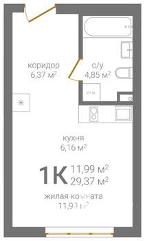 1-к квартира, строящийся дом, 29м2, 2/24 этаж