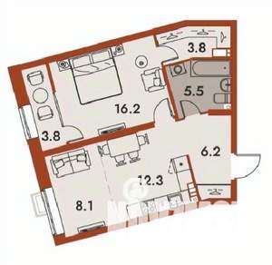 2-к квартира, вторичка, 55м2, 24/25 этаж