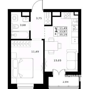 1-к квартира, строящийся дом, 35м2, 11/24 этаж