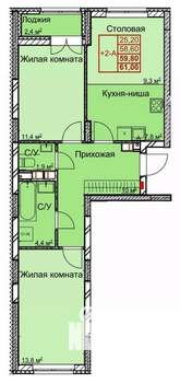 2-к квартира, вторичка, 60м2, 3/10 этаж