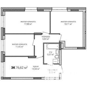 3-к квартира, строящийся дом, 77м2, 1/15 этаж