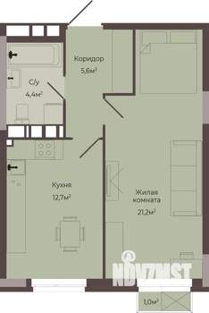 1-к квартира, строящийся дом, 44м2, 5/8 этаж