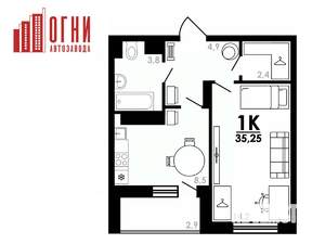 1-к квартира, вторичка, 35м2, 17/25 этаж