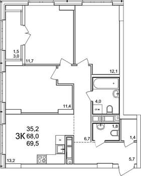 3-к квартира, вторичка, 70м2, 22/25 этаж