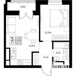 1-к квартира, строящийся дом, 36м2, 23/24 этаж