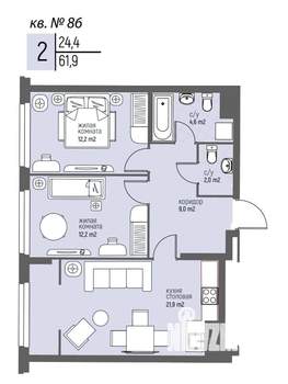 2-к квартира, вторичка, 62м2, 7/25 этаж