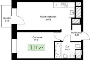1-к квартира, строящийся дом, 41м2, 7/17 этаж