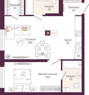 2-к квартира, вторичка, 57м2, 3/19 этаж