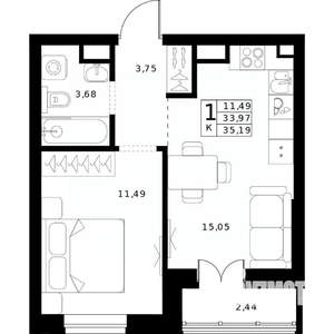 1-к квартира, строящийся дом, 35м2, 9/24 этаж