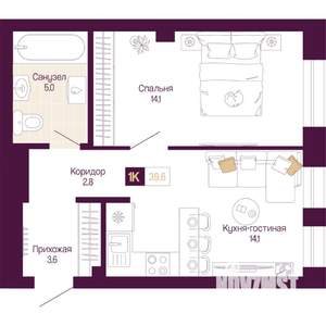 1-к квартира, вторичка, 40м2, 2/12 этаж