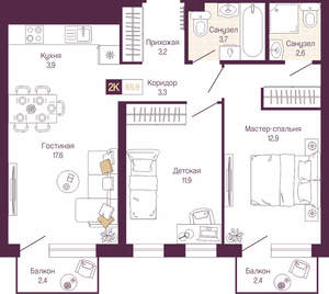 2-к квартира, вторичка, 64м2, 4/19 этаж