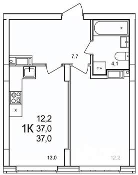 1-к квартира, вторичка, 37м2, 17/19 этаж
