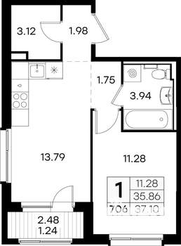 1-к квартира, вторичка, 37м2, 8/9 этаж
