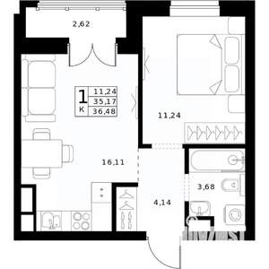 1-к квартира, вторичка, 36м2, 11/24 этаж