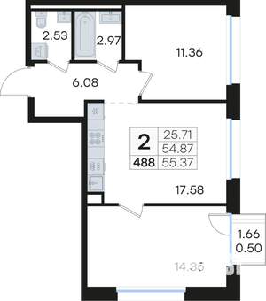 2-к квартира, вторичка, 55м2, 5/13 этаж