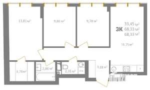 3-к квартира, вторичка, 68м2, 11/18 этаж