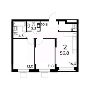 2-к квартира, вторичка, 57м2, 7/15 этаж