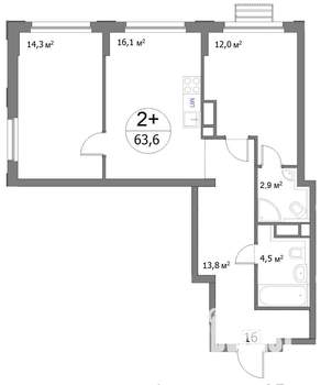 2-к квартира, сданный дом, 64м2, 3/22 этаж