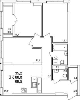 3-к квартира, вторичка, 70м2, 2/25 этаж