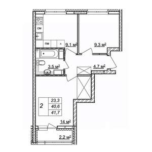 2-к квартира, строящийся дом, 42м2, 18/25 этаж