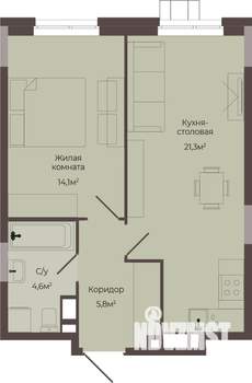 1-к квартира, строящийся дом, 46м2, 2/8 этаж